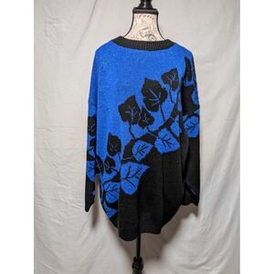 Arielle Women's VTG 80s 90s Blue Black Leaf Print Metallic Lurex Knit Sweater‎